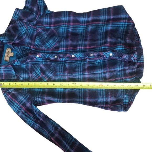 Y2K Decree Plaid Snap Button Down Shirt Size M Blue Grunge Western Cowgirl Rodeo - Picture 9 of 9